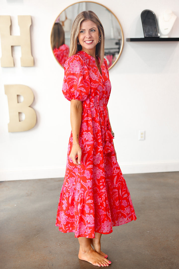 Button Down Floral Midi Dress - Red