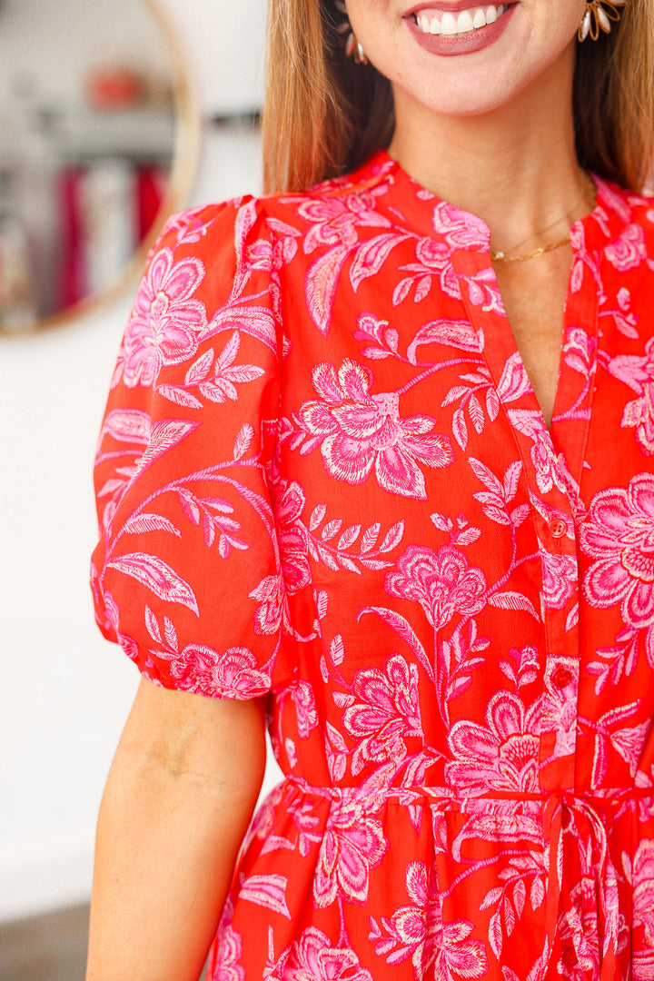 Button Down Floral Midi Dress - Red