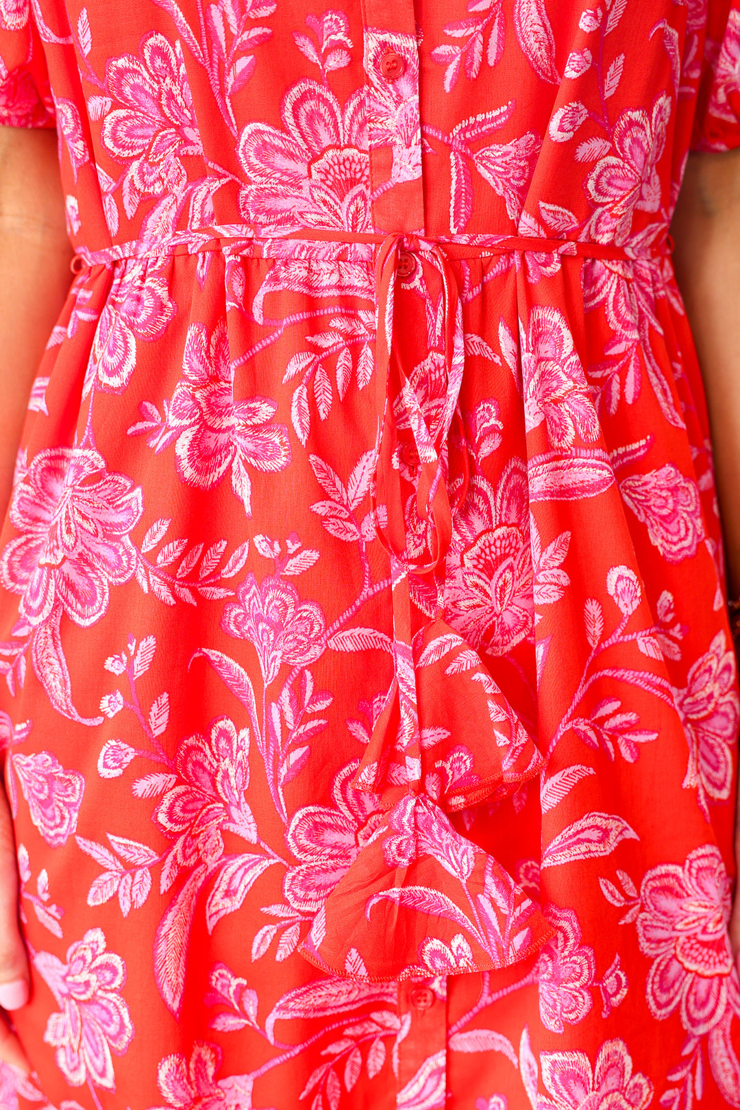 Button Down Floral Midi Dress - Red