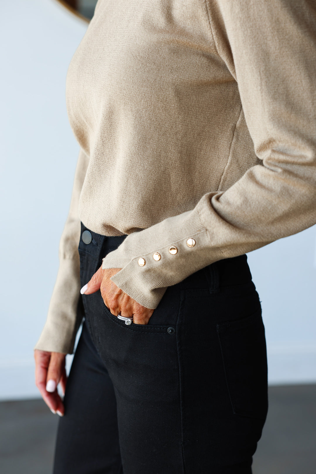 Studded Cuff Knit Top - Camel