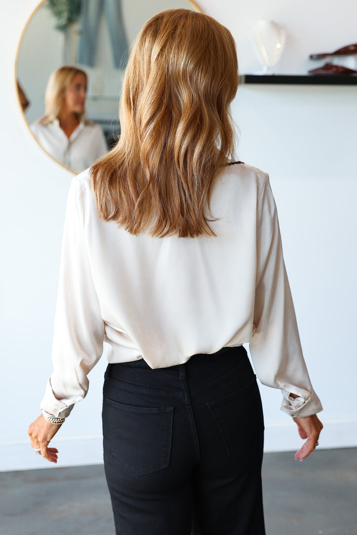 Scalloped Trim Button Down - Champagne