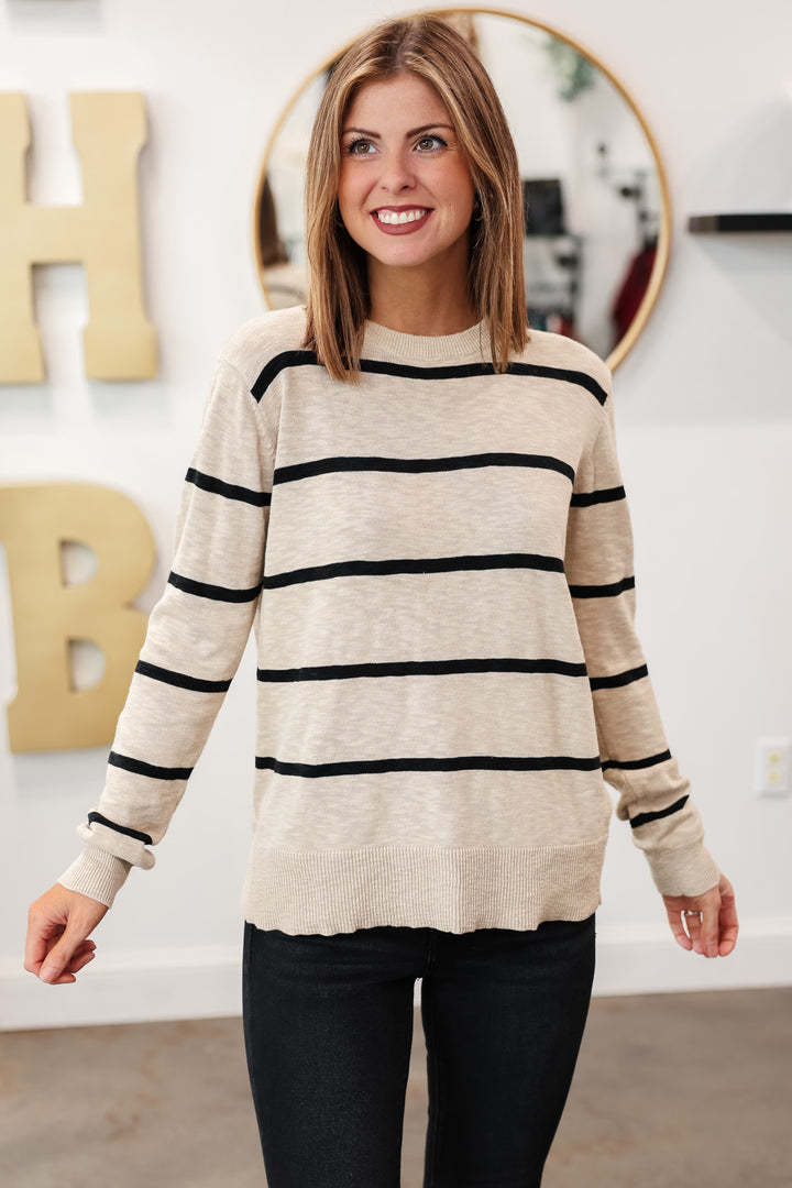 Lightweight Striped Sweater - Taupe/Black