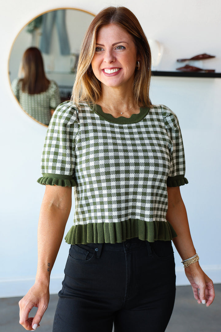 Gingham Knit Top - Olive