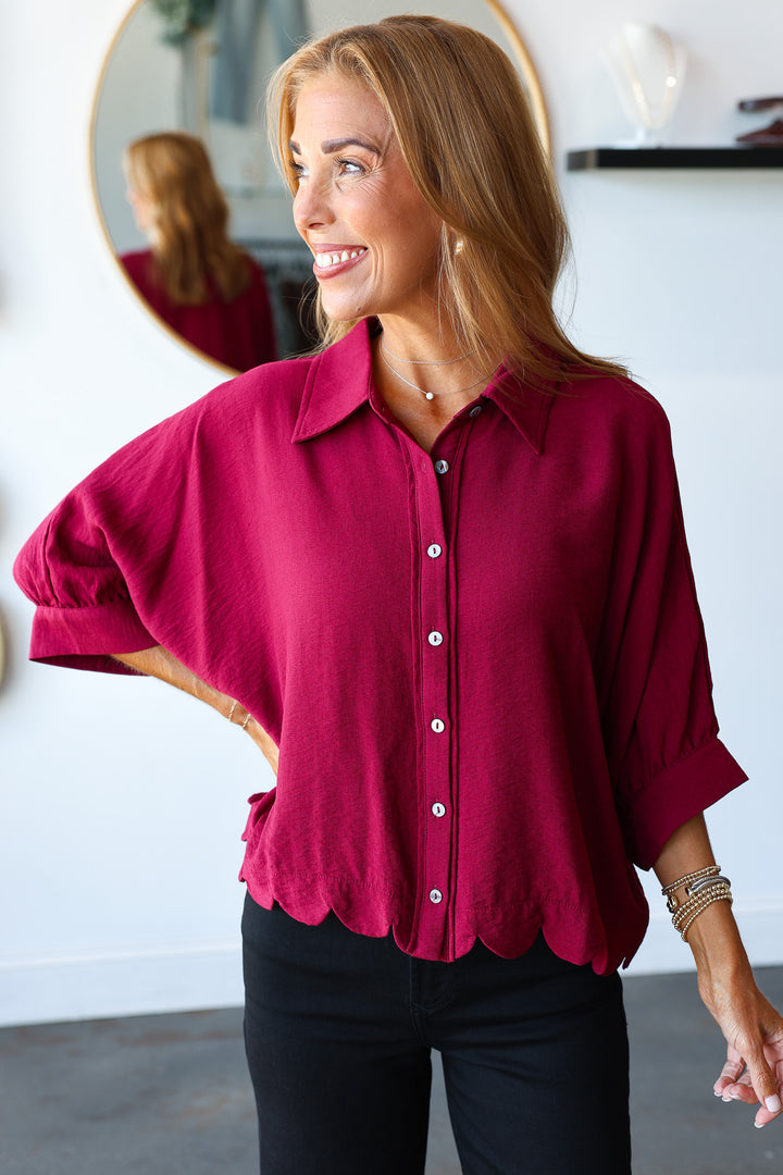 Scalloped Hem Top - Burgundy