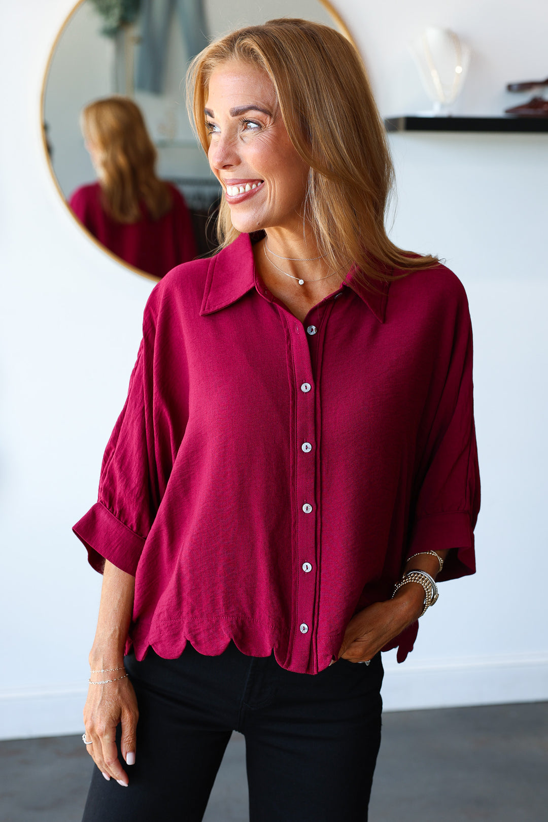 Scalloped Hem Top - Burgundy