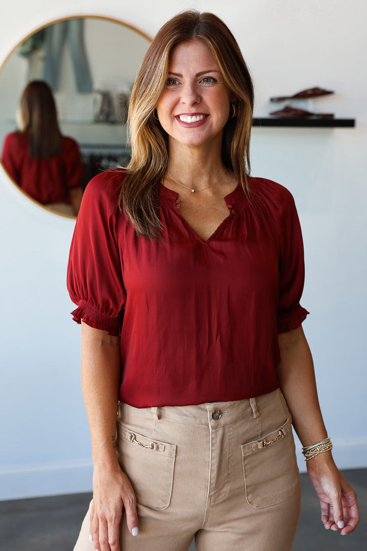 Half Sleeve Satin Blouse - Brick