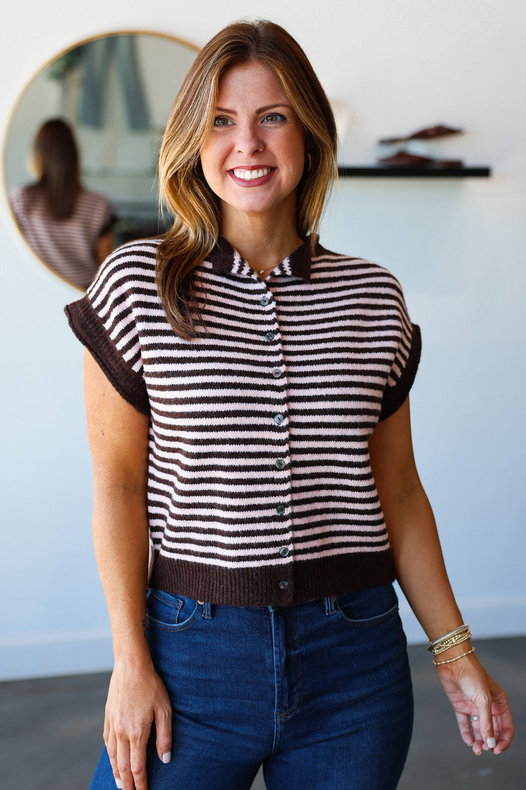 Button Front Striped Sweater - Brown/Pink