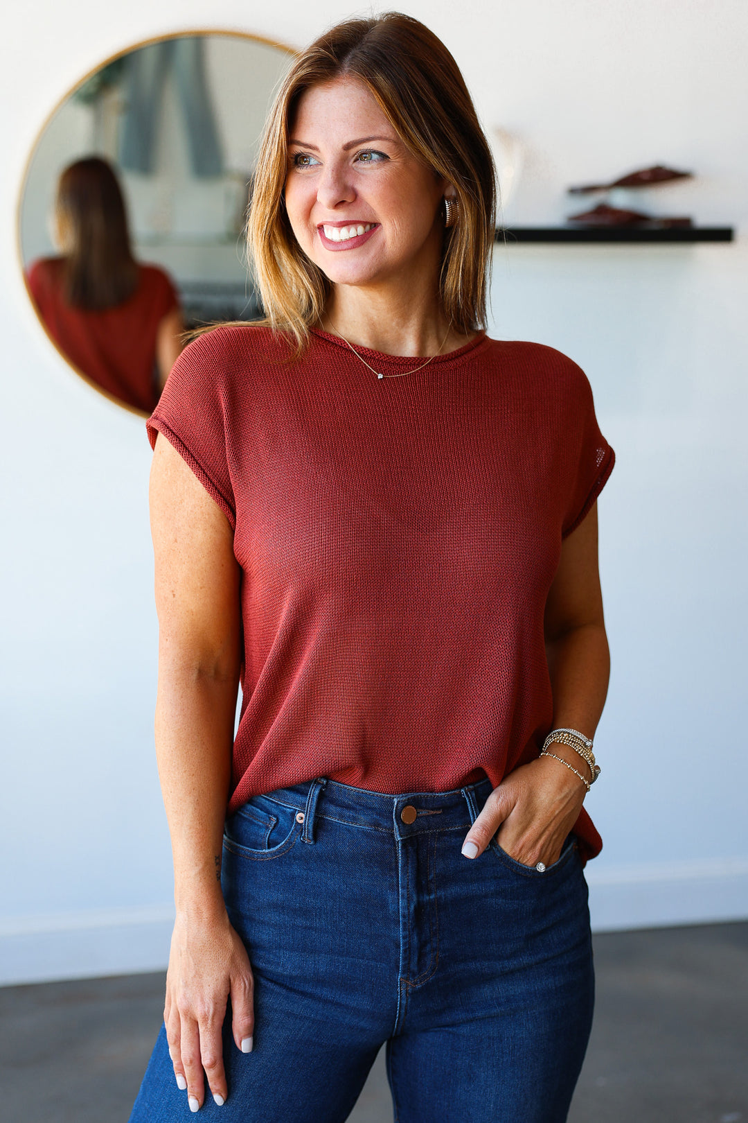 Cap Sleeve Knit Top - Rust