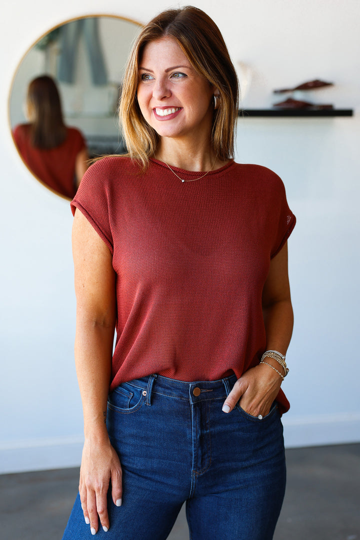 Cap Sleeve Knit Top - Rust