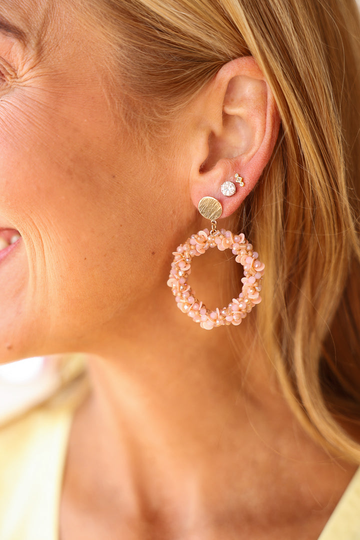 Beaded Drop Hoop Earrings - Light Pink
