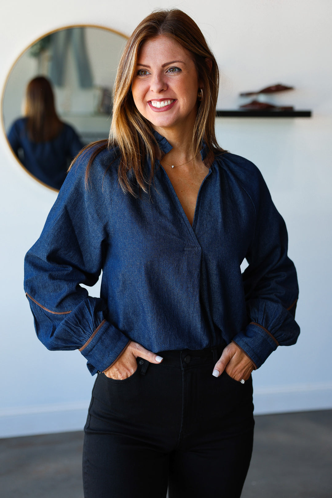 Suede Trim Denim Top