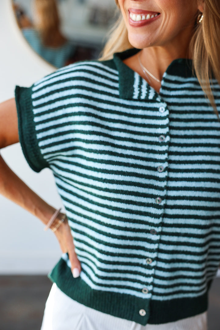 Button Front Striped Sweater - Green