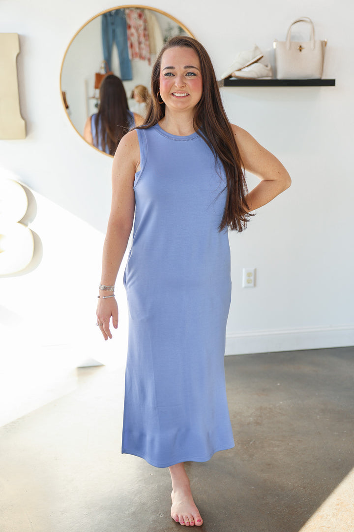 Contrast Trim Maxi Scuba Dress - Chambray