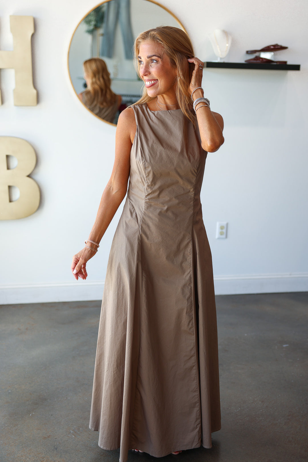 Pleated Front Midi Dress - Mocha