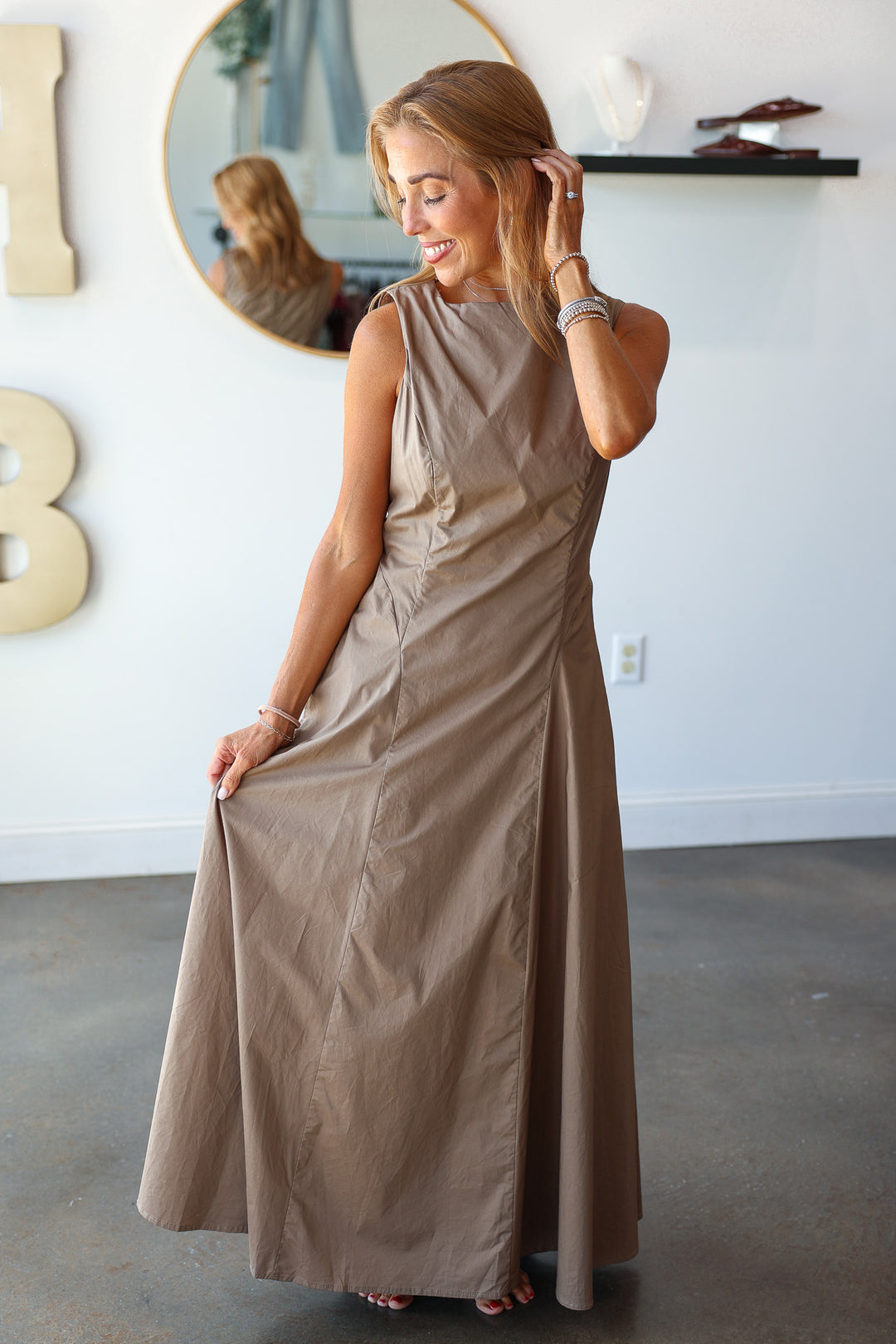Pleated Front Midi Dress - Mocha