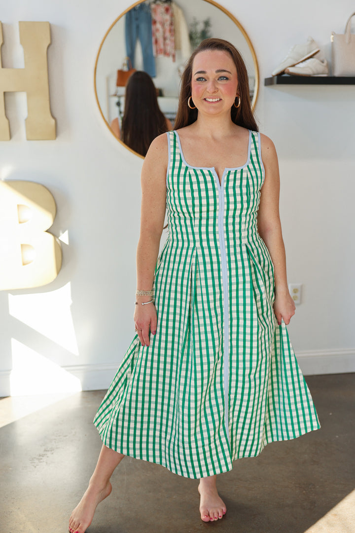 Gingham Contrast Trim Dress - Green