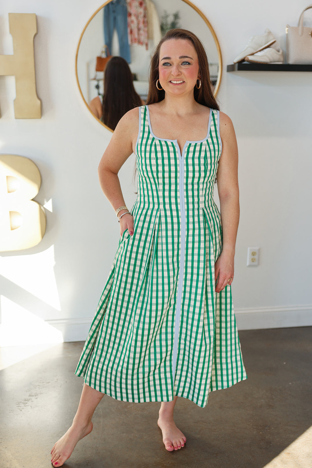 Gingham Contrast Trim Dress - Green