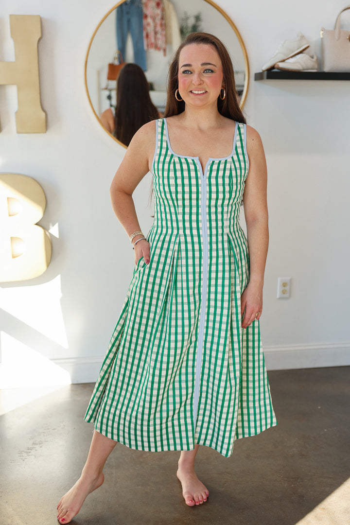 Gingham Contrast Trim Dress - Green