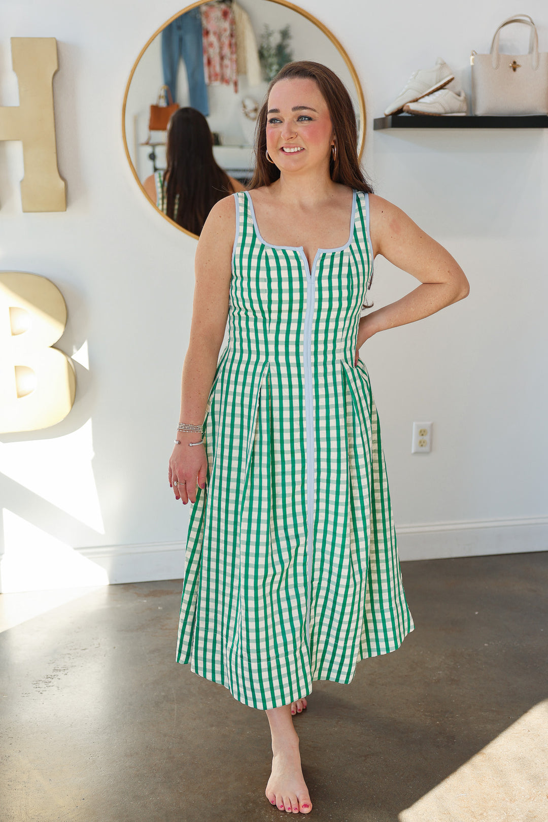 Gingham Contrast Trim Dress - Green