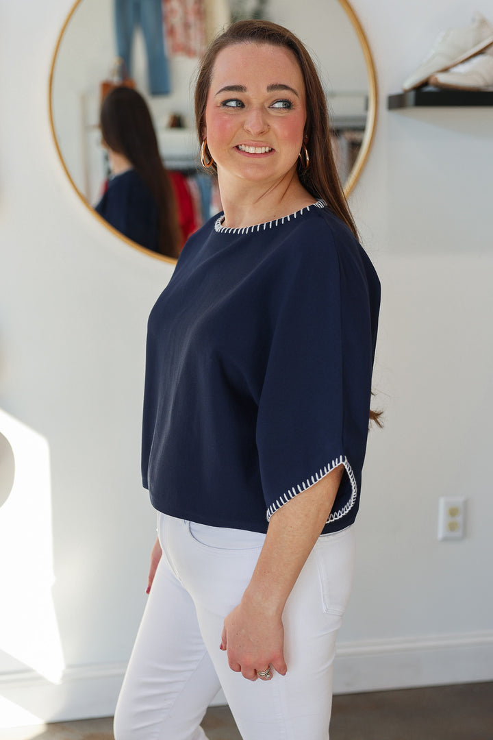 Stitch Trim Knit Top - Navy