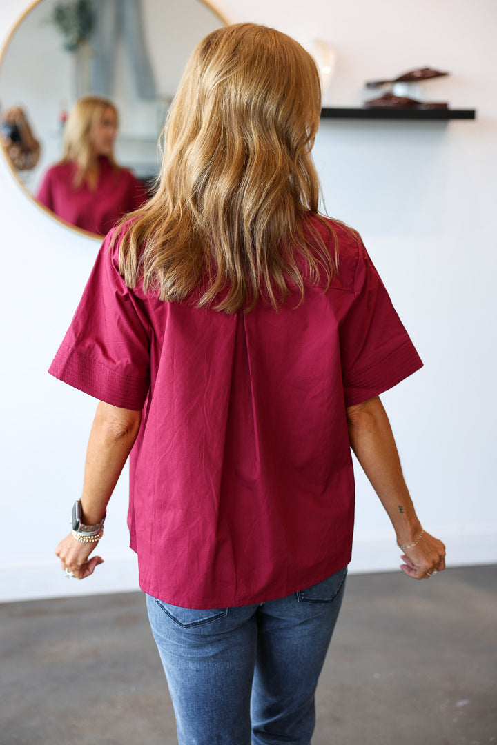 Pleated Collar Top - Burgundy