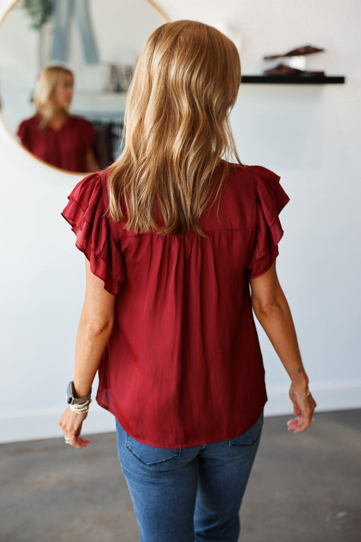 Ruffle Sleeve Top - Brick