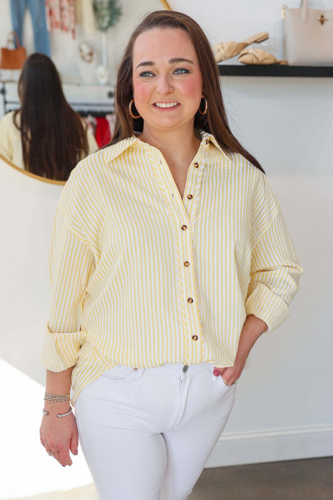 Striped Button Down Top - Yellow