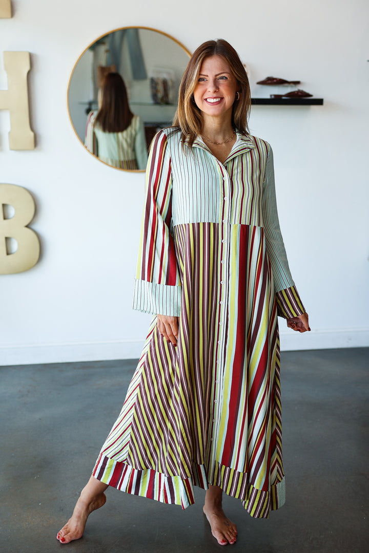 Mixed Stripe Button Front Maxi Dress