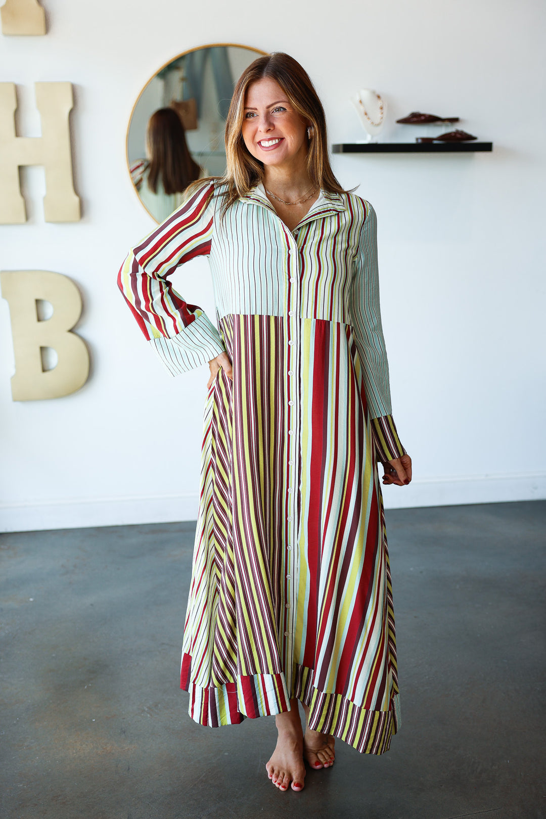 Mixed Stripe Button Front Maxi Dress