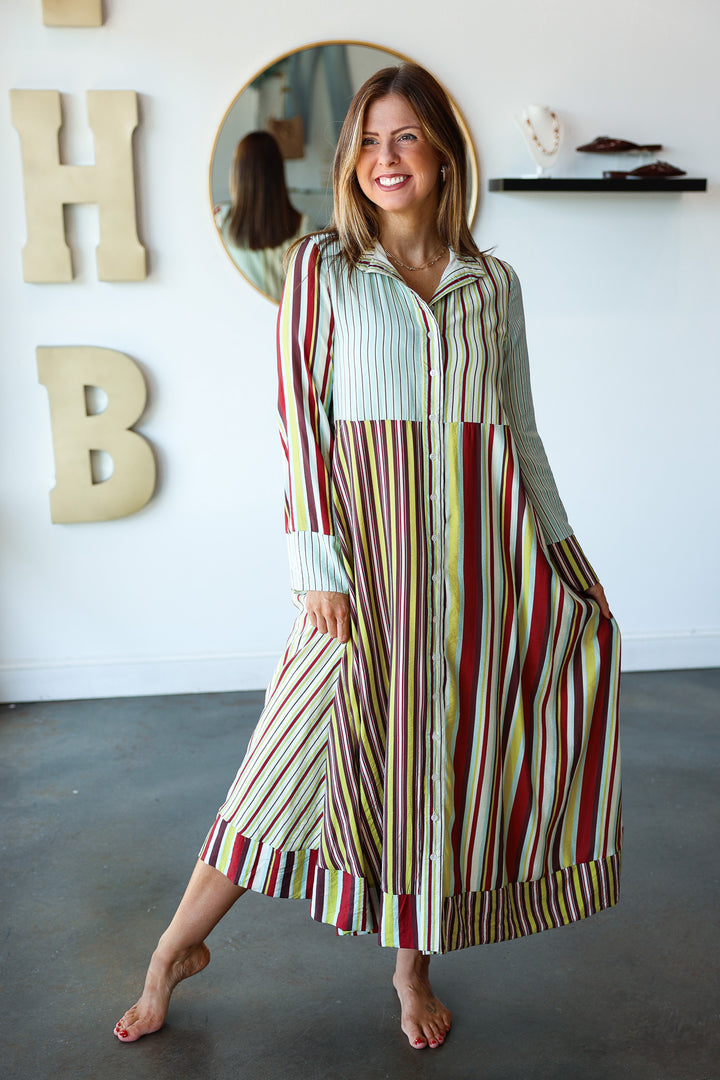 Mixed Stripe Button Front Maxi Dress