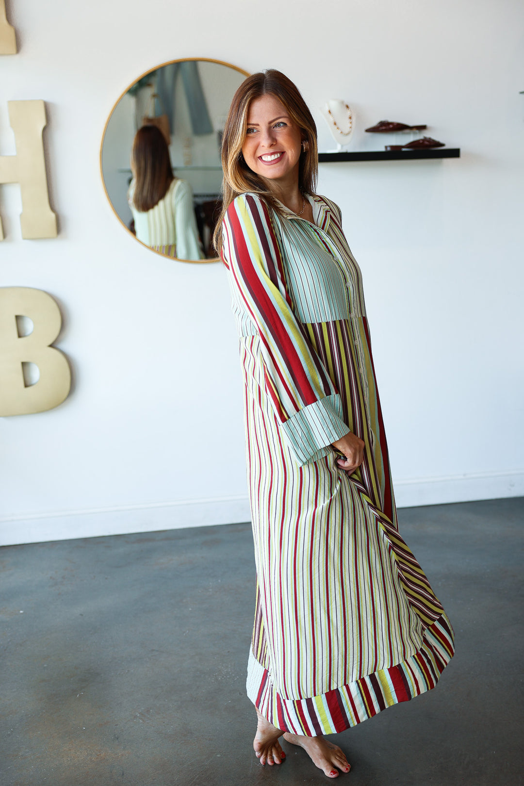 Mixed Stripe Button Front Maxi Dress