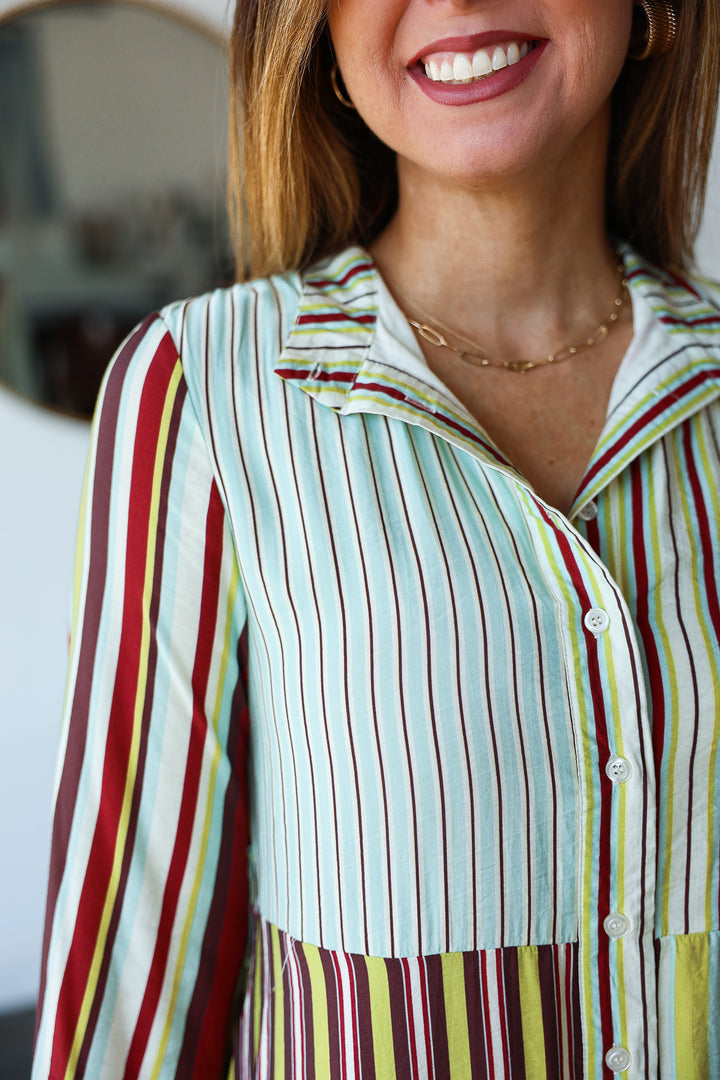 Mixed Stripe Button Front Maxi Dress