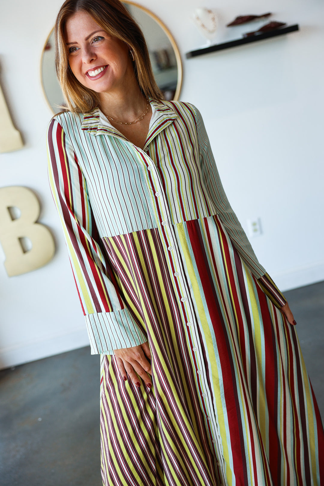 Mixed Stripe Button Front Maxi Dress