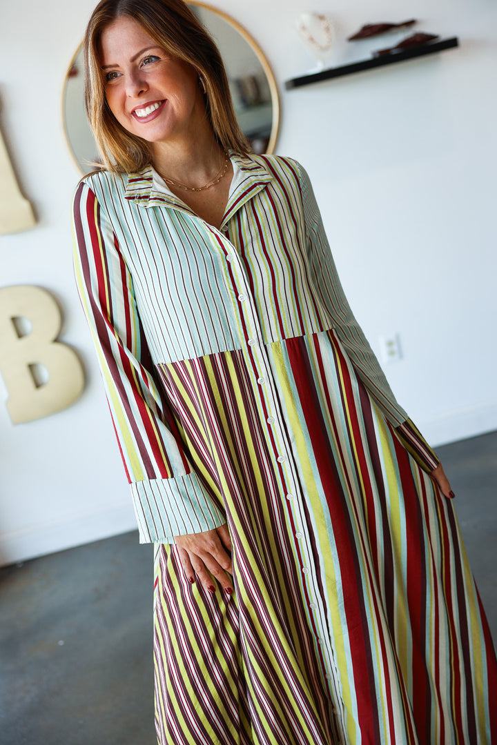 Mixed Stripe Button Front Maxi Dress