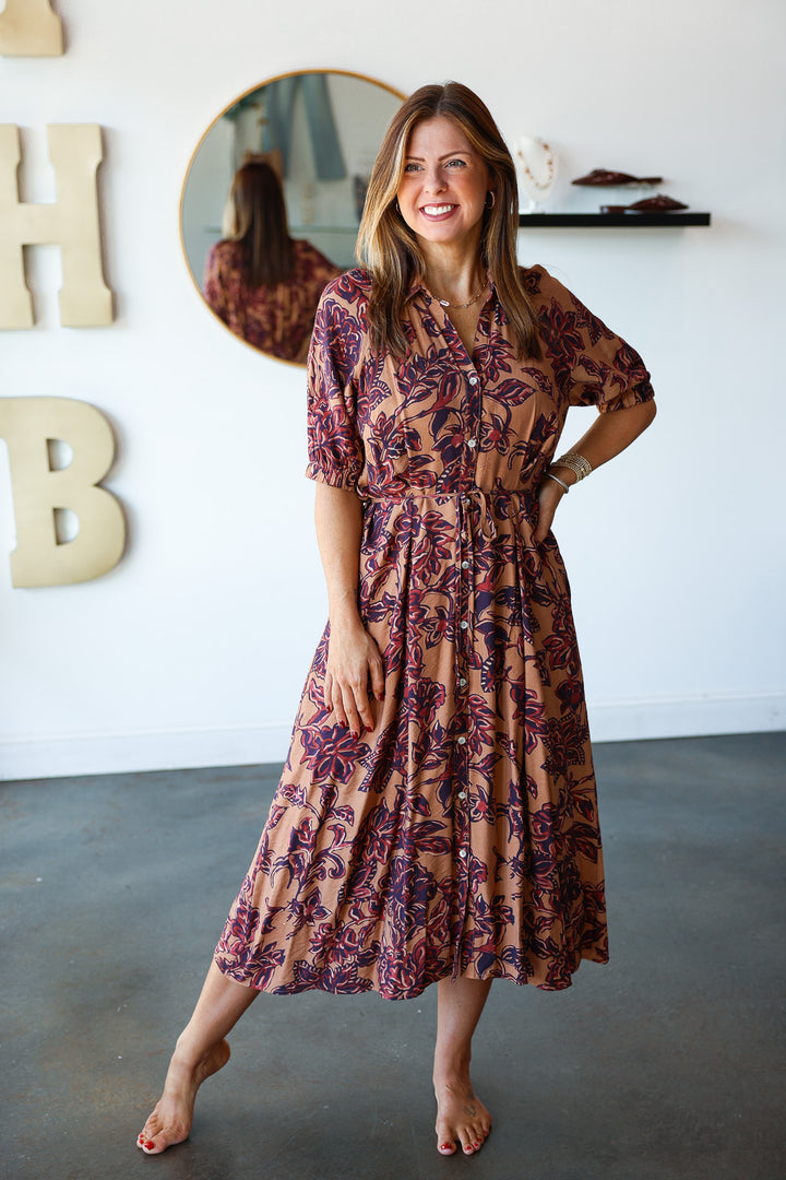 Tie Waist Printed Midi Dress - Brown