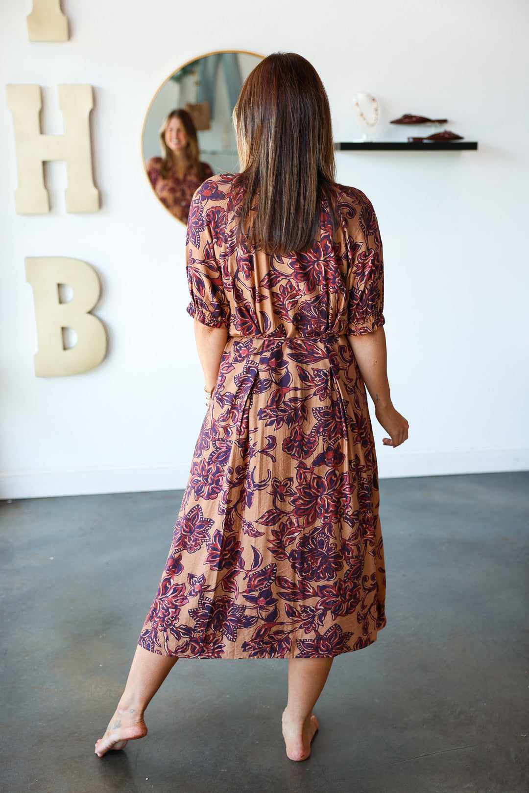 Tie Waist Printed Midi Dress - Brown