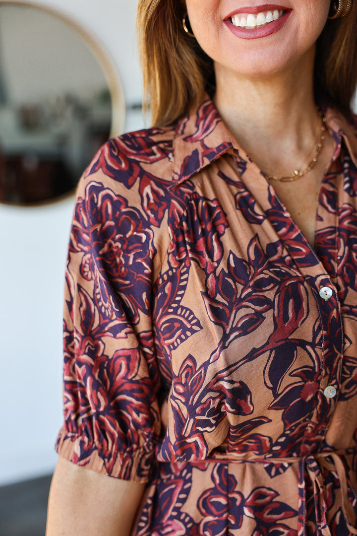 Tie Waist Printed Midi Dress - Brown
