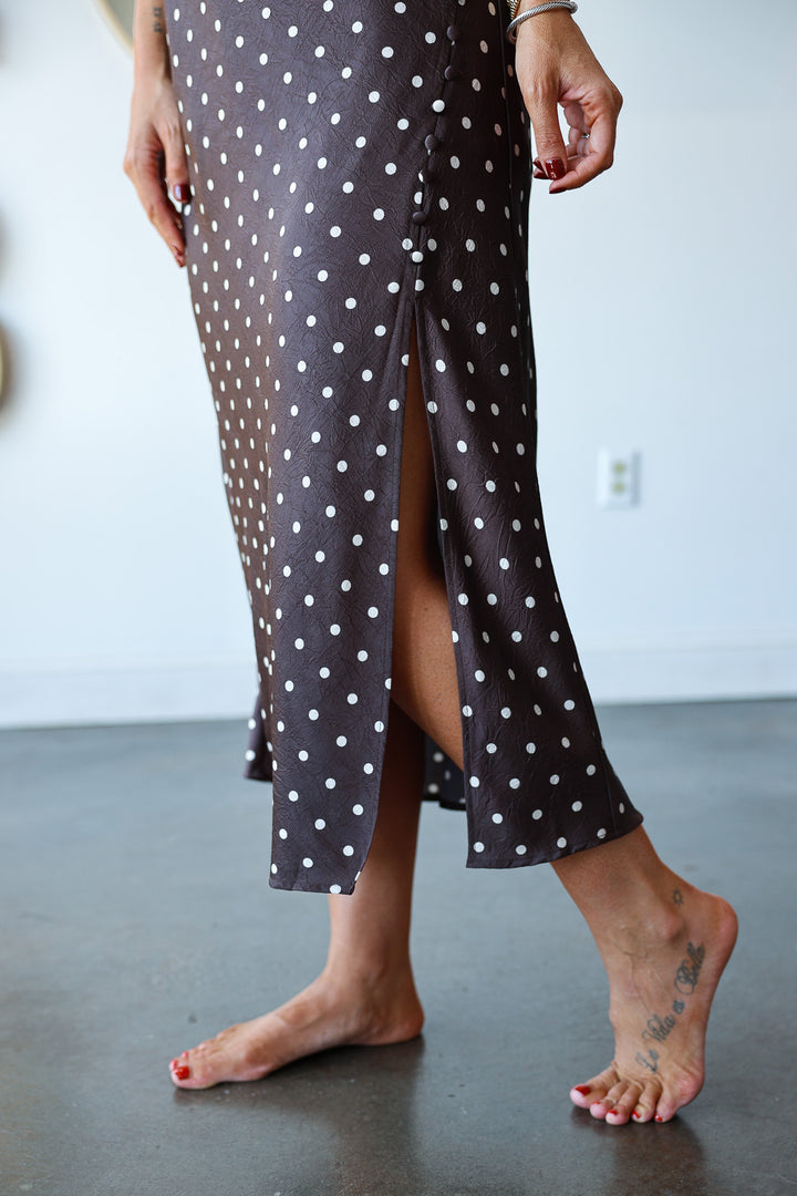 Cowl Neck Polka Dot Dress - Brown