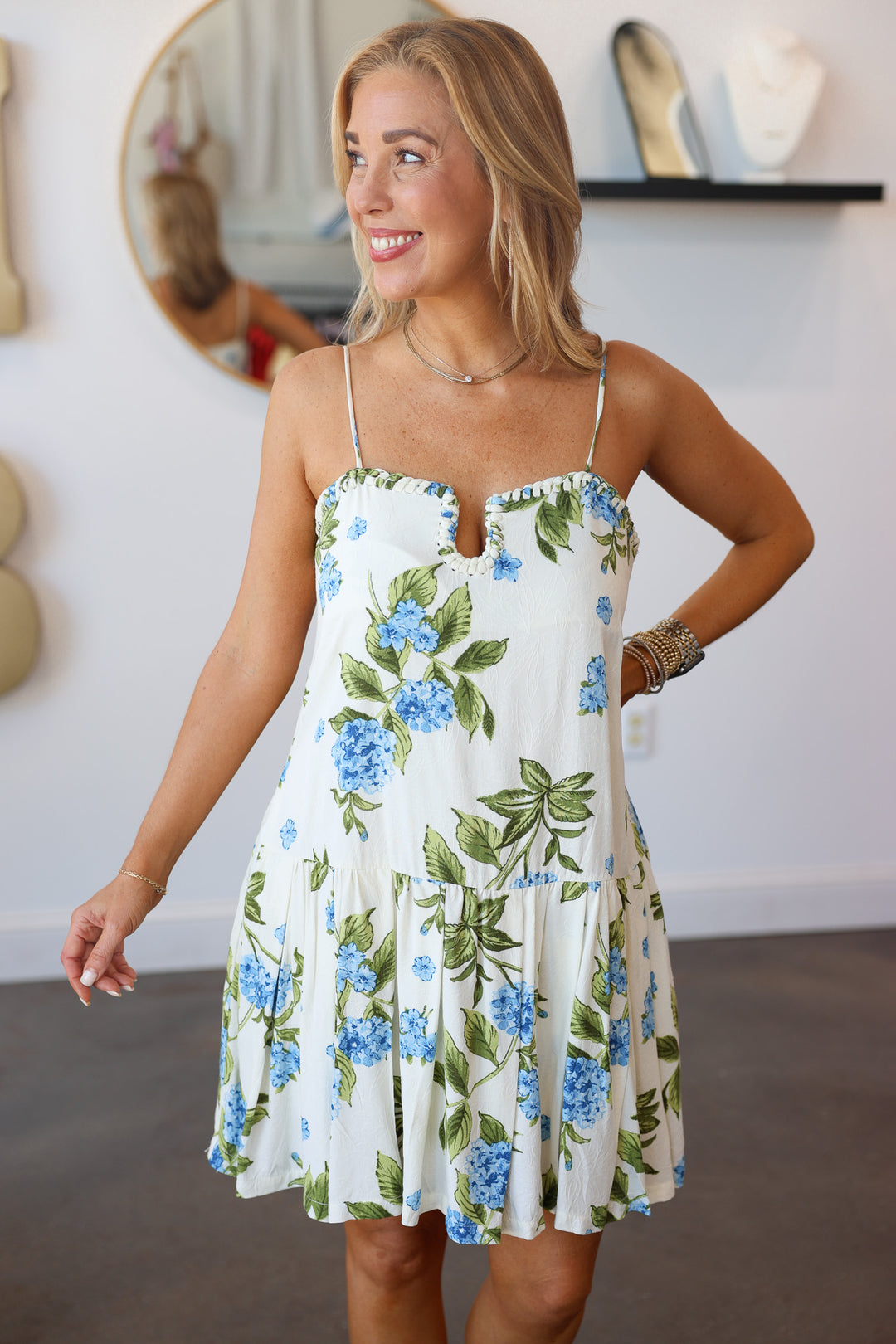 Drop Waist Floral Mini Dress - Cream