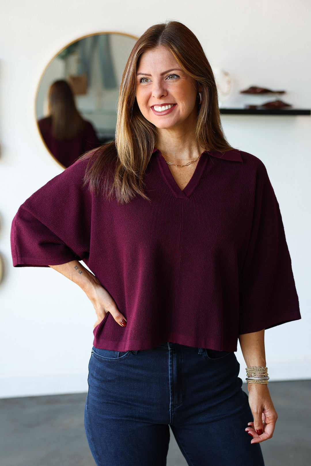 Ribbed Texture Sweater - Merlot