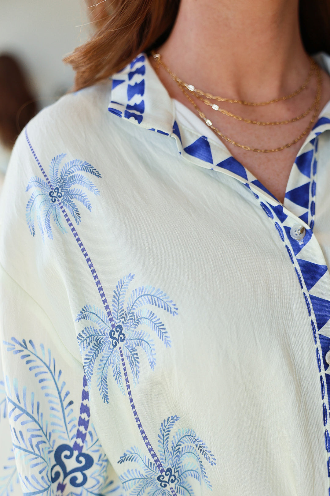 Palm Pattern Tie Waist Dress - Blue