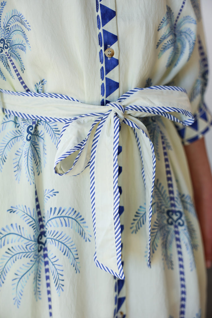 Palm Pattern Tie Waist Dress - Blue