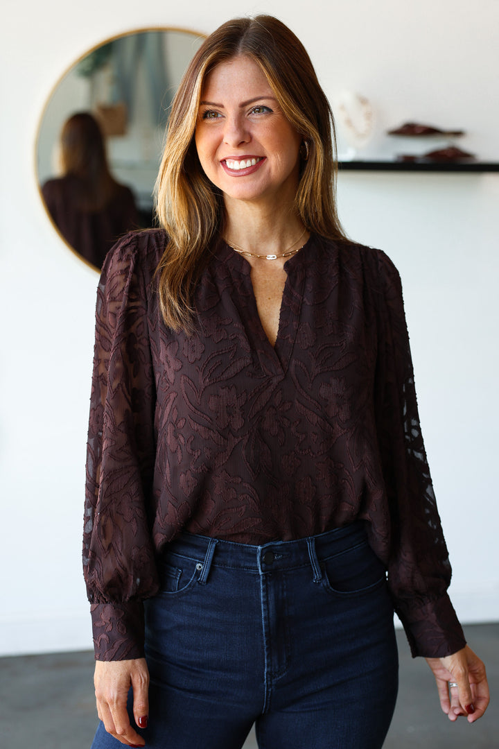 Floral Jacquard Blouse - Brown