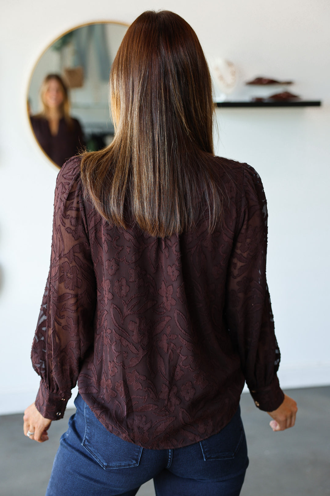 Floral Jacquard Blouse - Brown