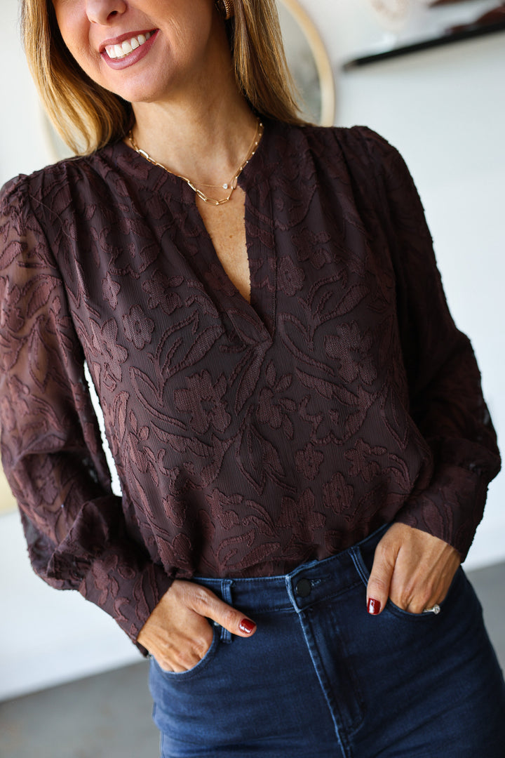 Floral Jacquard Blouse - Brown