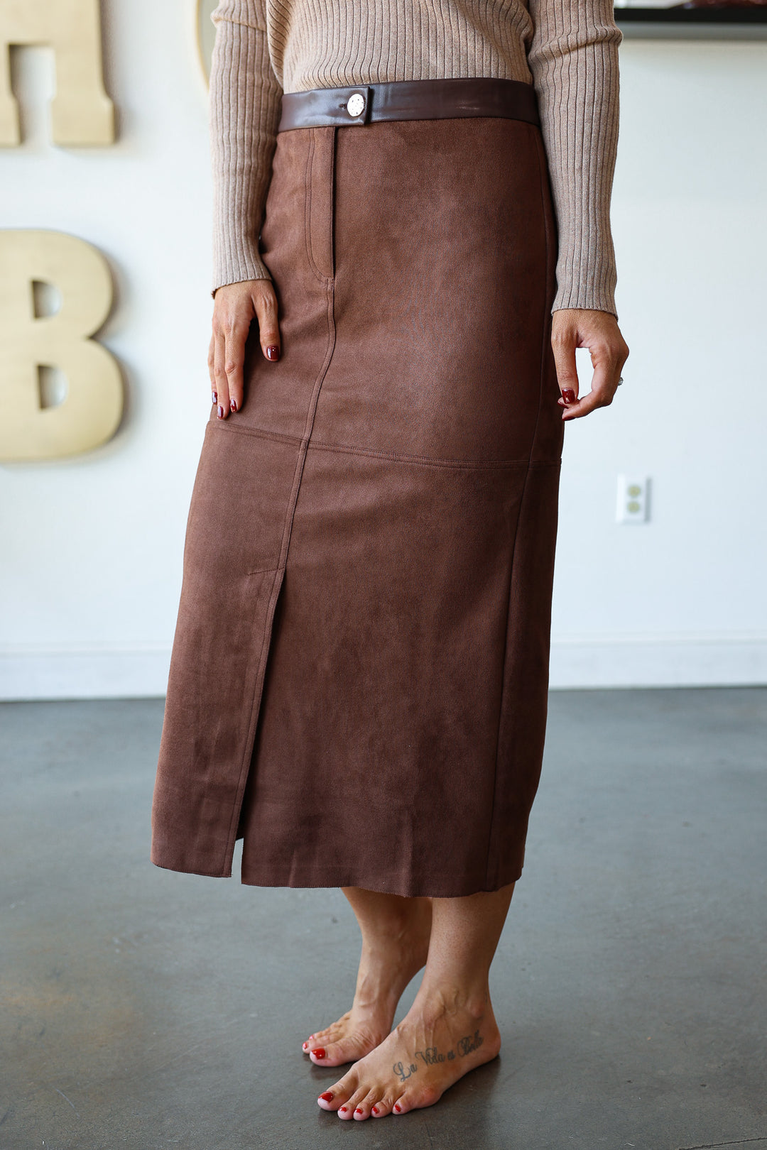 Suede Pencil Skirt - Brown