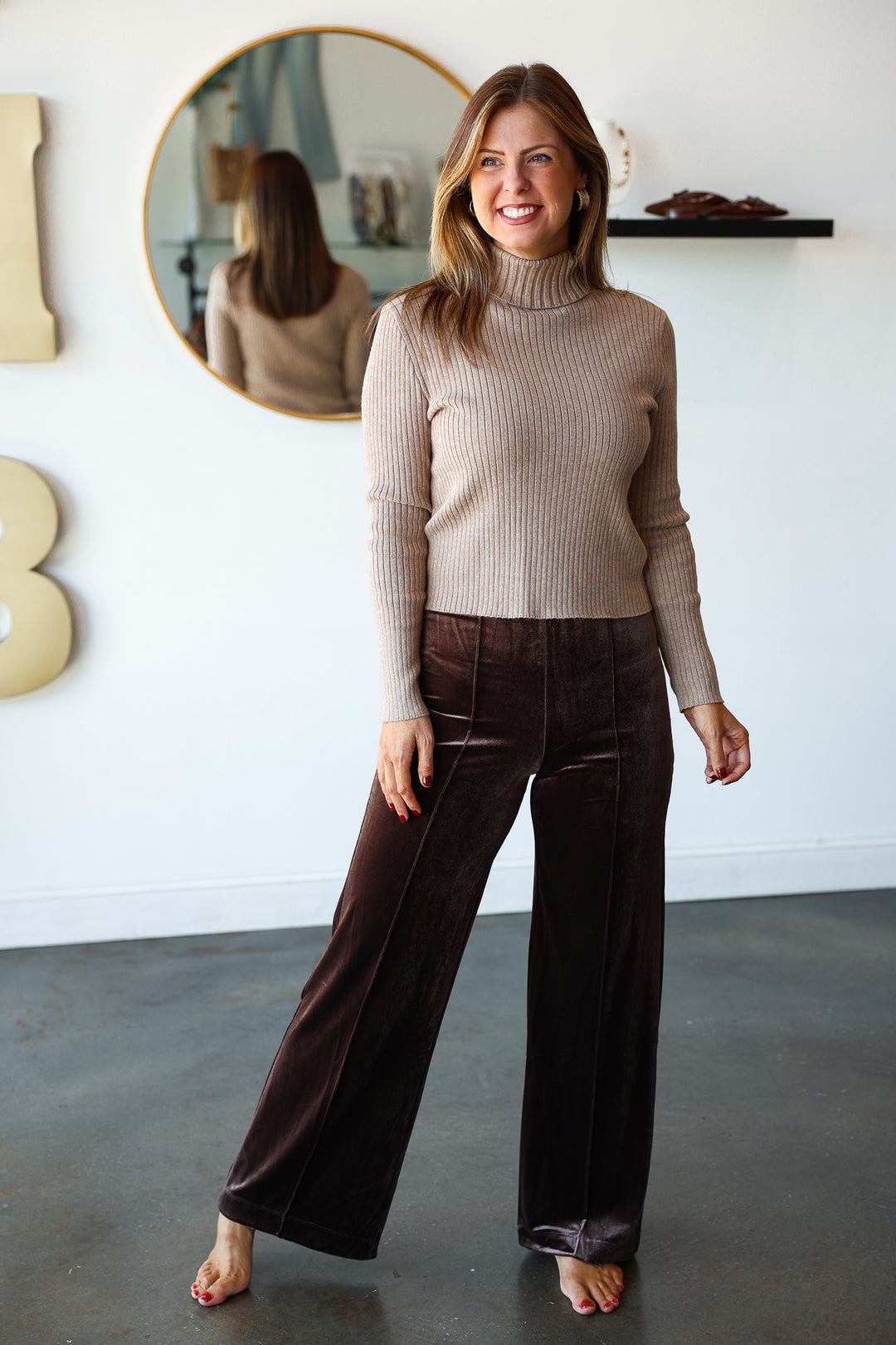 Velvet Pintuck Seam Pants - Dark Brown