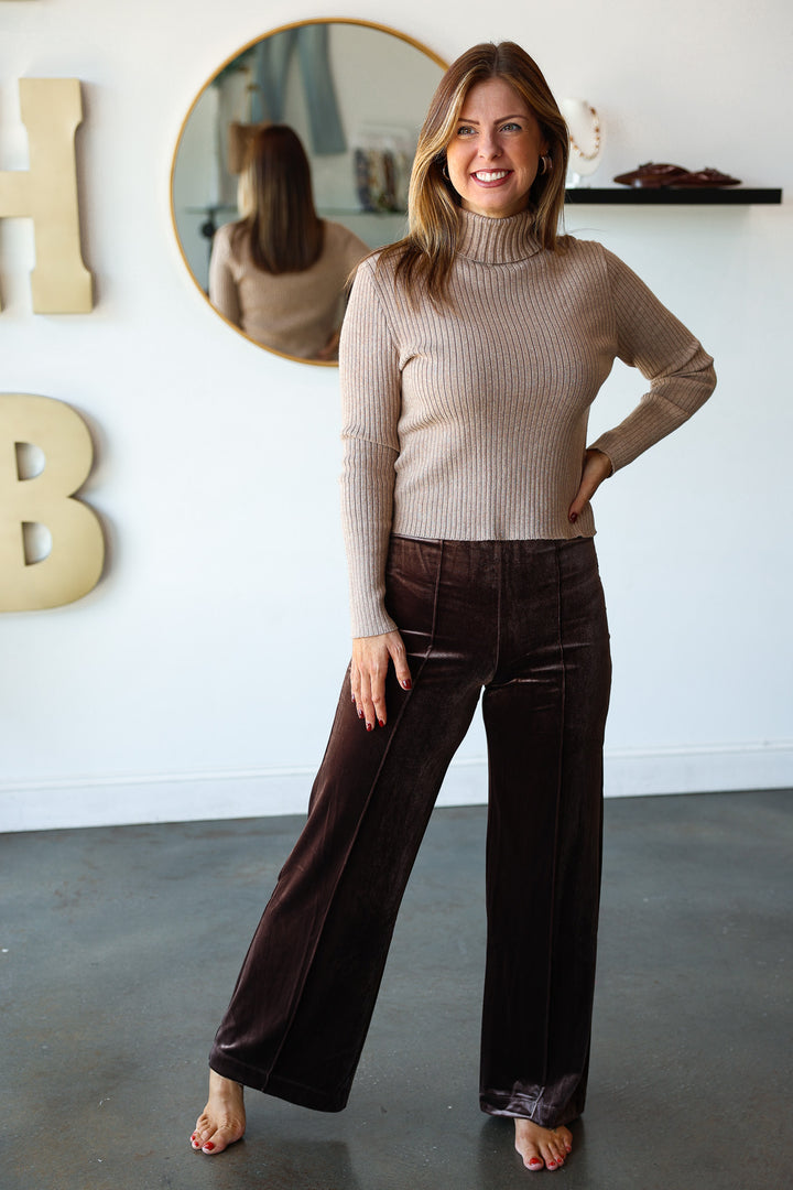 Velvet Pintuck Seam Pants - Dark Brown