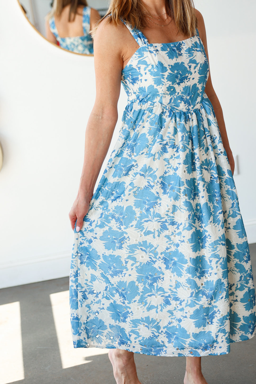 Floral Print Embroidered Midi Dress - Blue