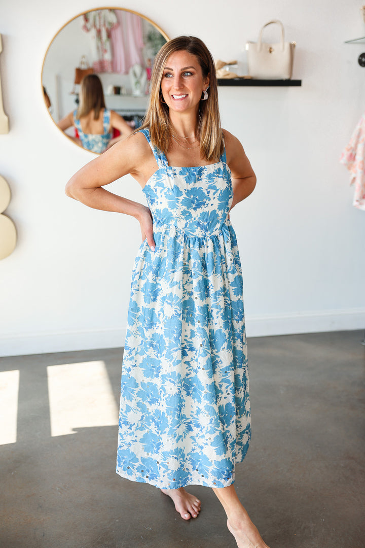 Floral Print Embroidered Midi Dress - Blue